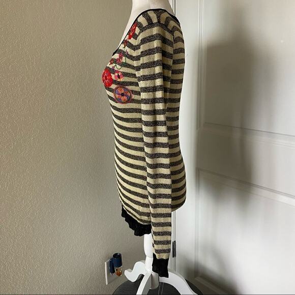 Desigual Metallic Striped Embroidered Flower Top - Picture 5 of 12